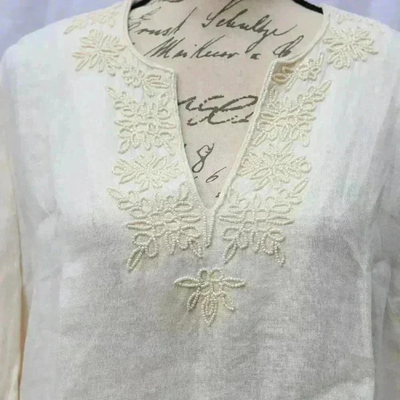 Lands' End Size L long sleeve cream color 100% linen tunic w/beaded front - Picture 3 of 13